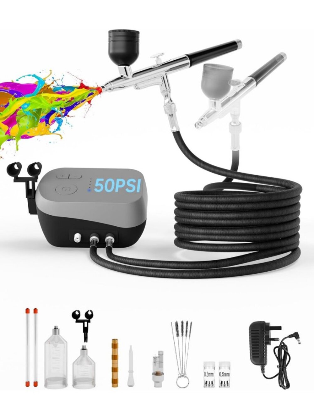 Versatile Airbrush Kit with Compressor, Dual-Action, 50 PSI, 3 Nozzles